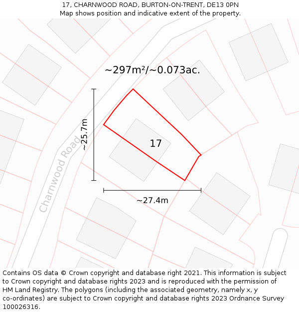17, CHARNWOOD ROAD, BURTON-ON-TRENT, DE13 0PN: Plot and title map