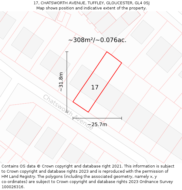 17, CHATSWORTH AVENUE, TUFFLEY, GLOUCESTER, GL4 0SJ: Plot and title map