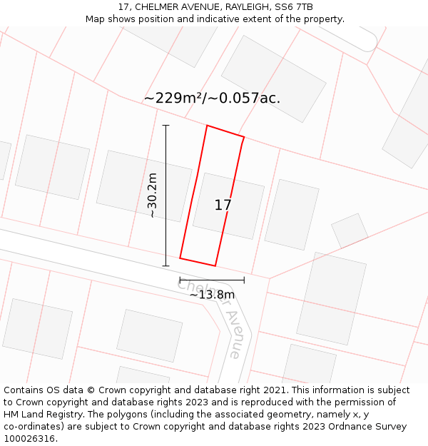 17, CHELMER AVENUE, RAYLEIGH, SS6 7TB: Plot and title map
