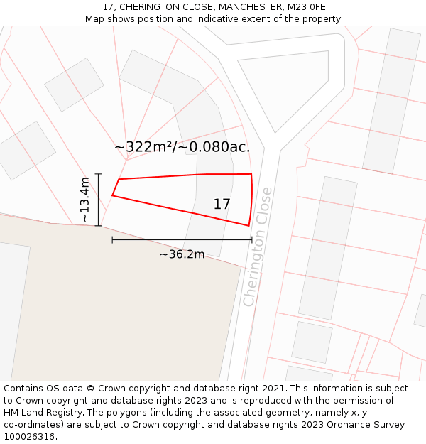 17, CHERINGTON CLOSE, MANCHESTER, M23 0FE: Plot and title map