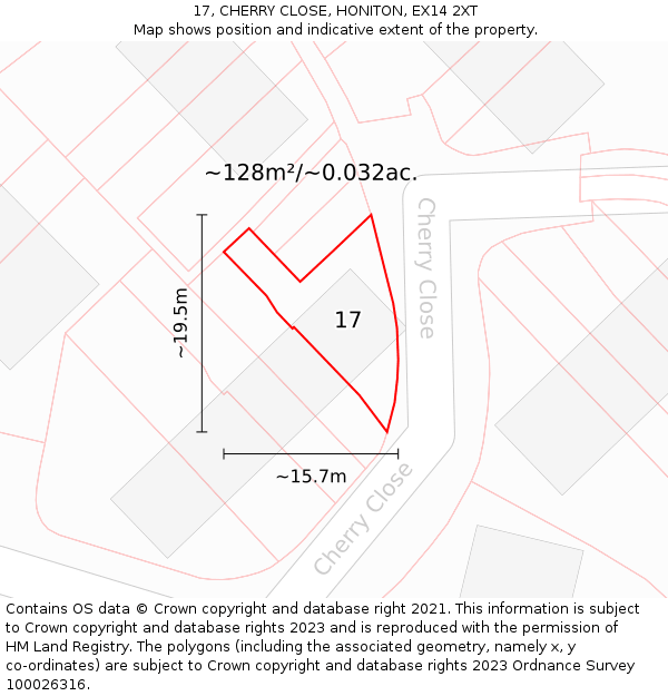 17, CHERRY CLOSE, HONITON, EX14 2XT: Plot and title map