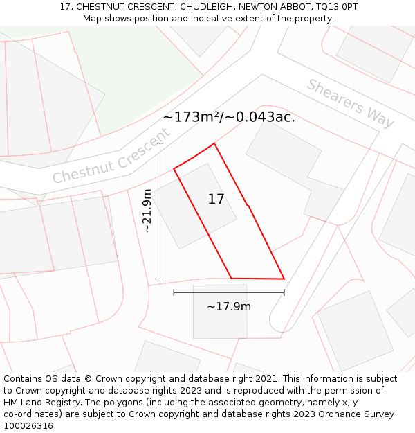 17, CHESTNUT CRESCENT, CHUDLEIGH, NEWTON ABBOT, TQ13 0PT: Plot and title map