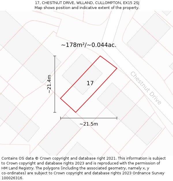 17, CHESTNUT DRIVE, WILLAND, CULLOMPTON, EX15 2SJ: Plot and title map
