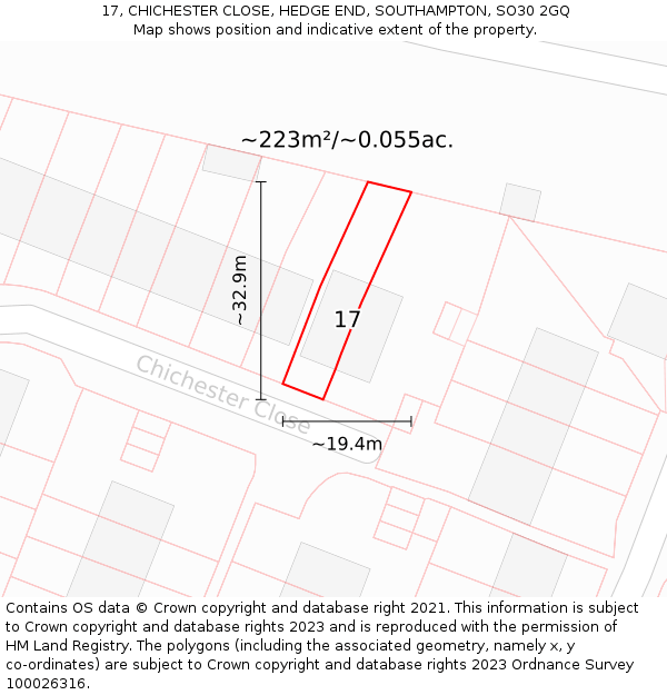 17, CHICHESTER CLOSE, HEDGE END, SOUTHAMPTON, SO30 2GQ: Plot and title map