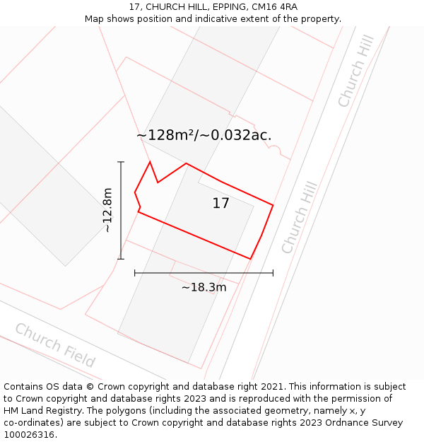 17, CHURCH HILL, EPPING, CM16 4RA: Plot and title map