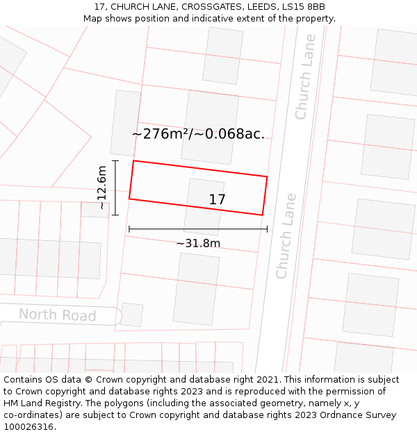 17, CHURCH LANE, CROSSGATES, LEEDS, LS15 8BB: Plot and title map