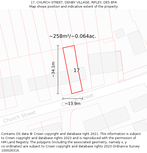 17, CHURCH STREET, DENBY VILLAGE, RIPLEY, DE5 8PA: Plot and title map