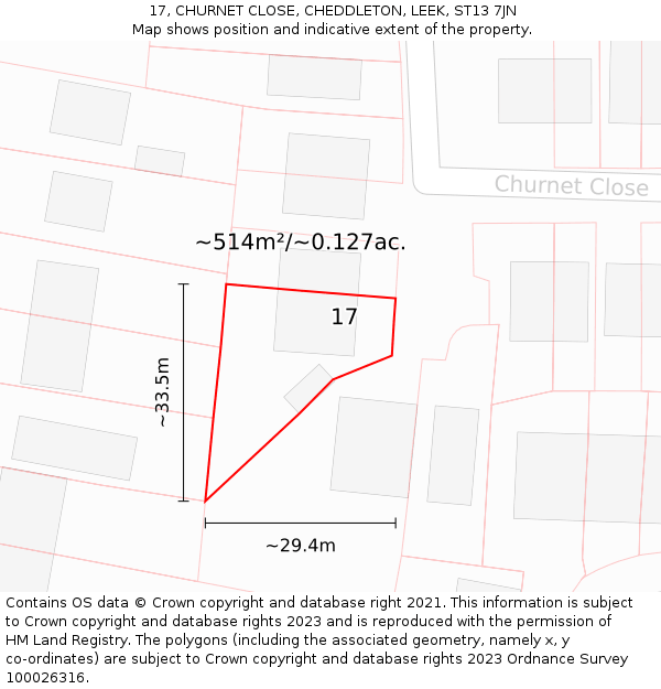 17, CHURNET CLOSE, CHEDDLETON, LEEK, ST13 7JN: Plot and title map