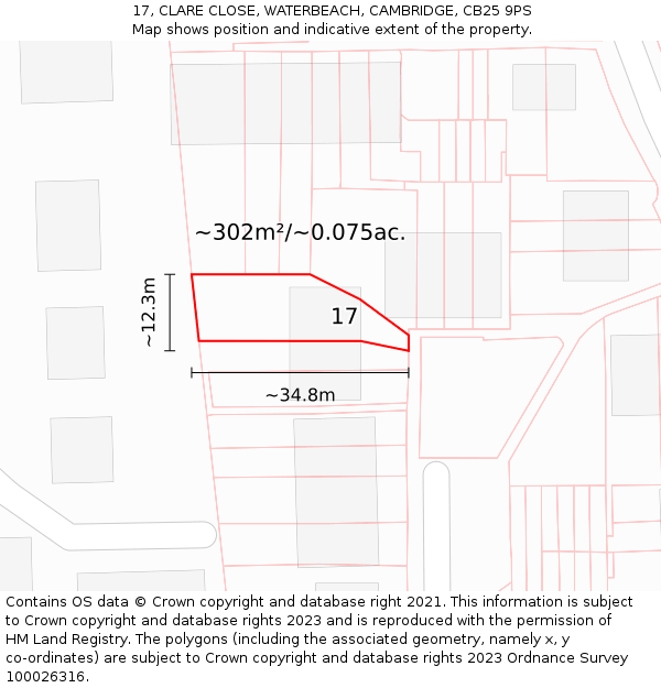 17, CLARE CLOSE, WATERBEACH, CAMBRIDGE, CB25 9PS: Plot and title map