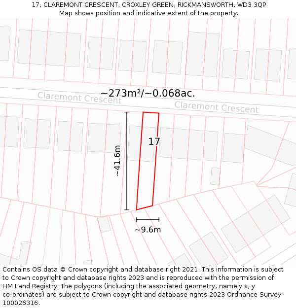 17, CLAREMONT CRESCENT, CROXLEY GREEN, RICKMANSWORTH, WD3 3QP: Plot and title map