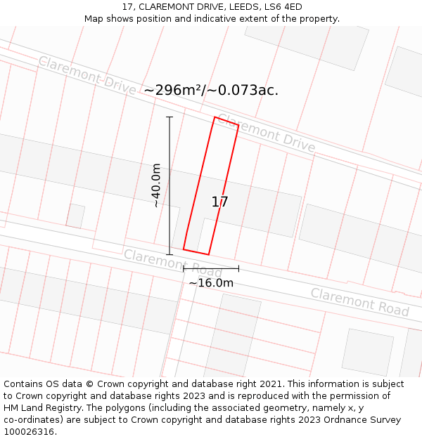 17, CLAREMONT DRIVE, LEEDS, LS6 4ED: Plot and title map