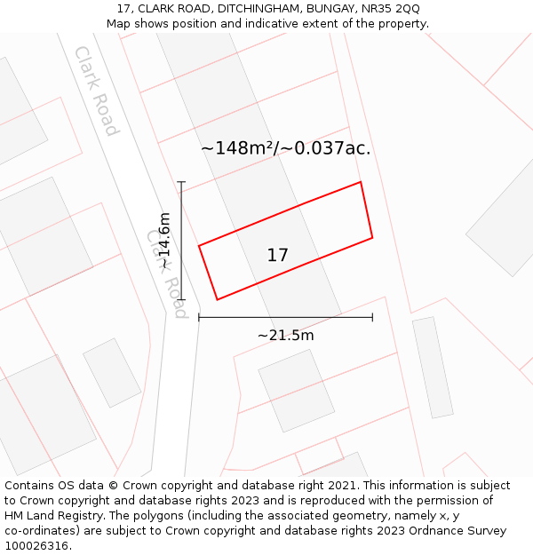 17, CLARK ROAD, DITCHINGHAM, BUNGAY, NR35 2QQ: Plot and title map