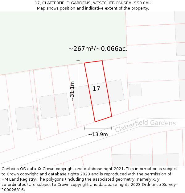 17, CLATTERFIELD GARDENS, WESTCLIFF-ON-SEA, SS0 0AU: Plot and title map