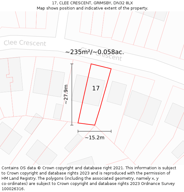 17, CLEE CRESCENT, GRIMSBY, DN32 8LX: Plot and title map
