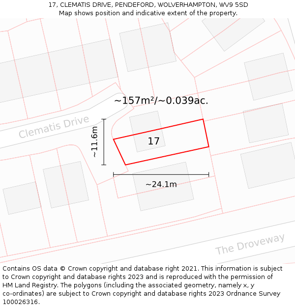 17, CLEMATIS DRIVE, PENDEFORD, WOLVERHAMPTON, WV9 5SD: Plot and title map