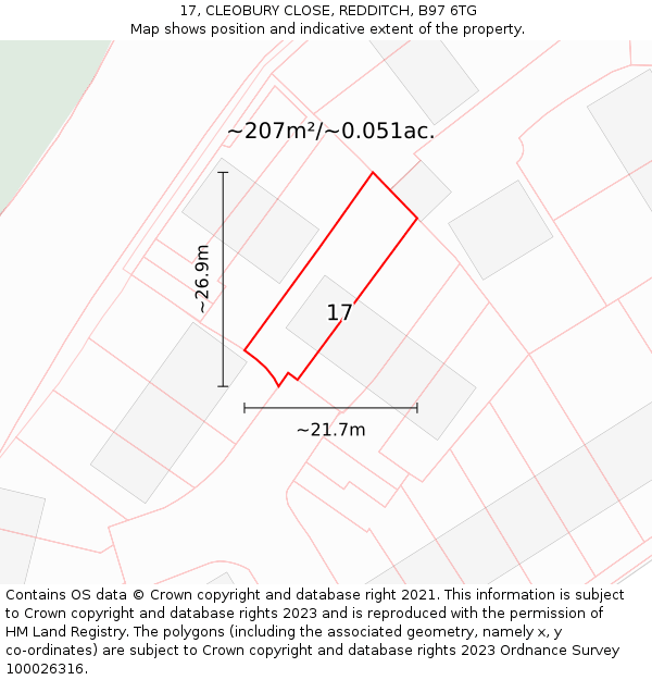 17, CLEOBURY CLOSE, REDDITCH, B97 6TG: Plot and title map