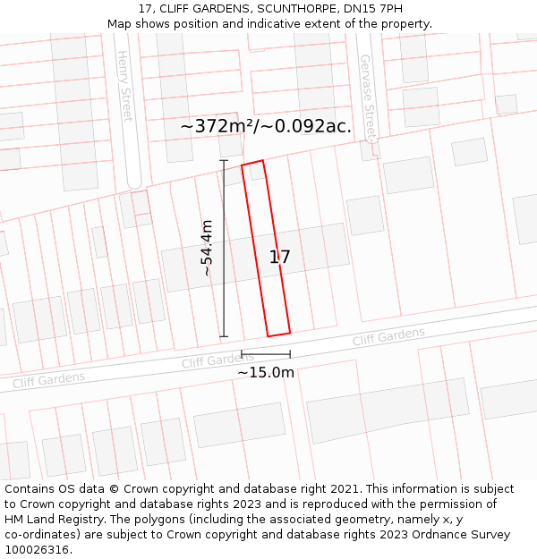 17, CLIFF GARDENS, SCUNTHORPE, DN15 7PH: Plot and title map