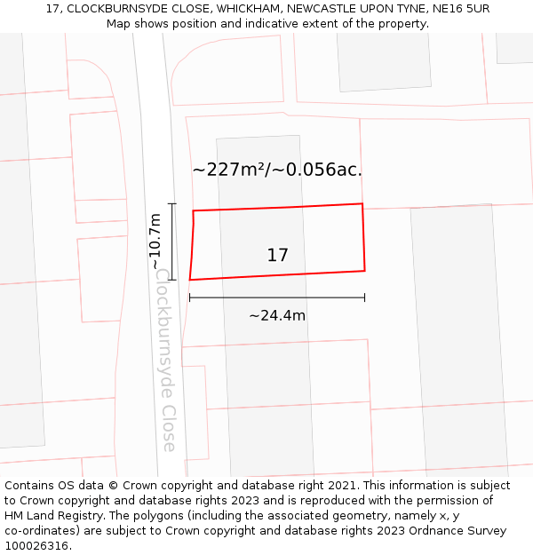 17, CLOCKBURNSYDE CLOSE, WHICKHAM, NEWCASTLE UPON TYNE, NE16 5UR: Plot and title map