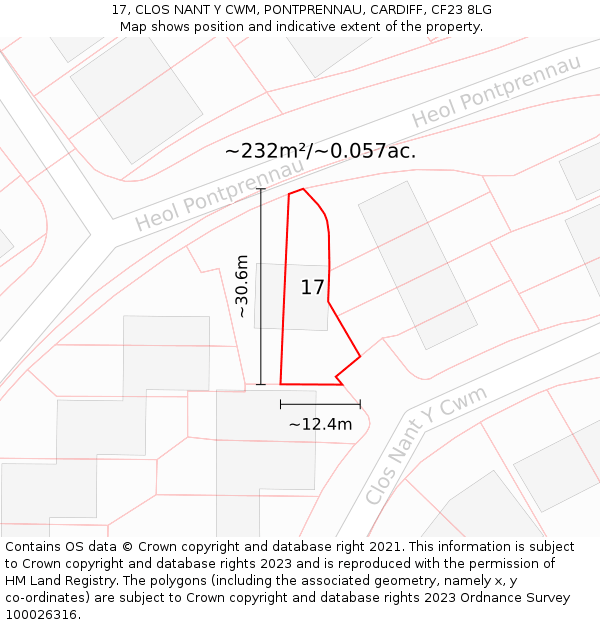 17, CLOS NANT Y CWM, PONTPRENNAU, CARDIFF, CF23 8LG: Plot and title map