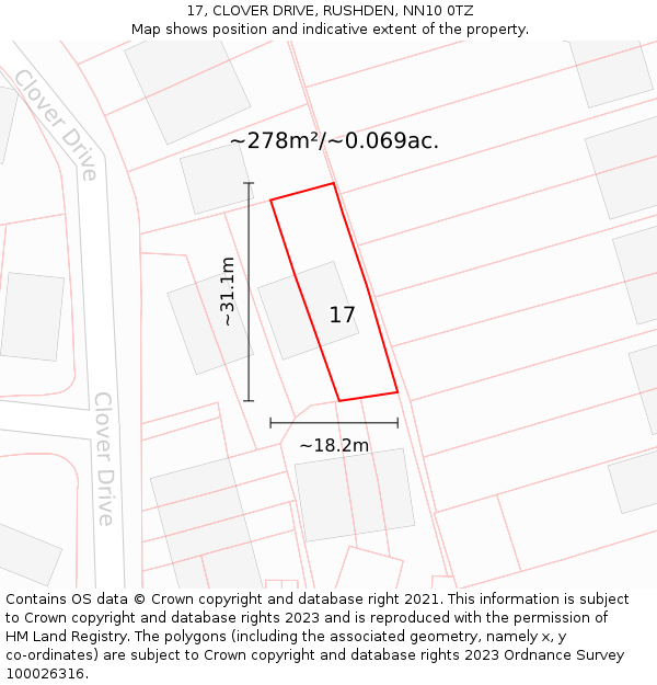 17, CLOVER DRIVE, RUSHDEN, NN10 0TZ: Plot and title map