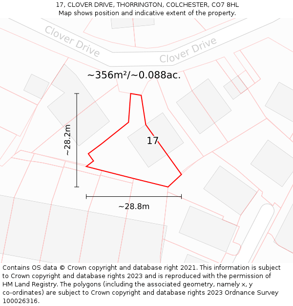 17, CLOVER DRIVE, THORRINGTON, COLCHESTER, CO7 8HL: Plot and title map