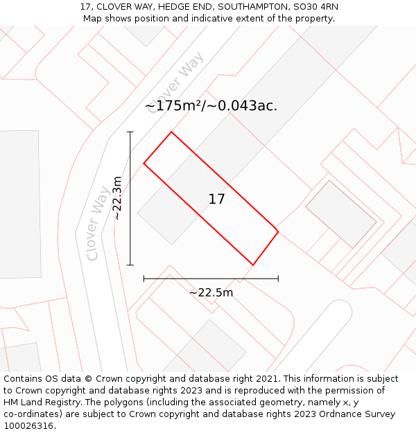 17, CLOVER WAY, HEDGE END, SOUTHAMPTON, SO30 4RN: Plot and title map