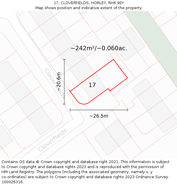 17, CLOVERFIELDS, HORLEY, RH6 9EY: Plot and title map