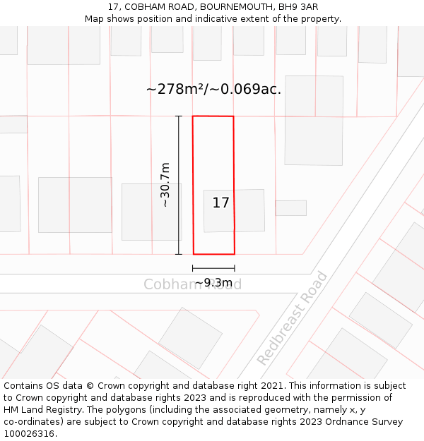 17, COBHAM ROAD, BOURNEMOUTH, BH9 3AR: Plot and title map