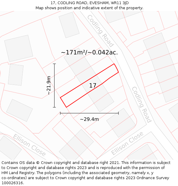 17, CODLING ROAD, EVESHAM, WR11 3JD: Plot and title map