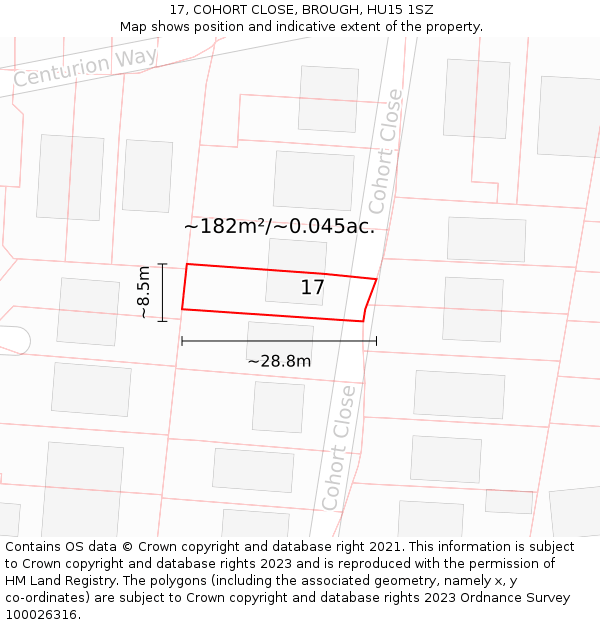 17, COHORT CLOSE, BROUGH, HU15 1SZ: Plot and title map