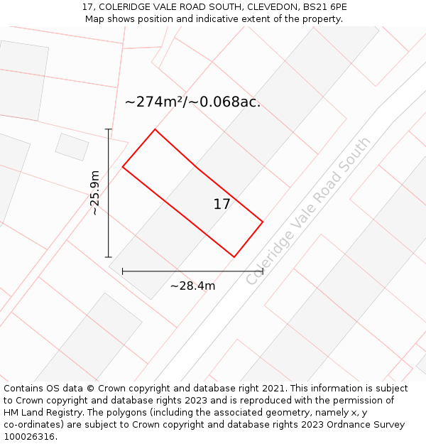 17, COLERIDGE VALE ROAD SOUTH, CLEVEDON, BS21 6PE: Plot and title map
