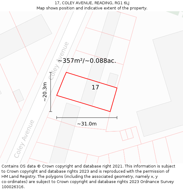 17, COLEY AVENUE, READING, RG1 6LJ: Plot and title map