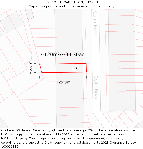 17, COLIN ROAD, LUTON, LU2 7RU: Plot and title map
