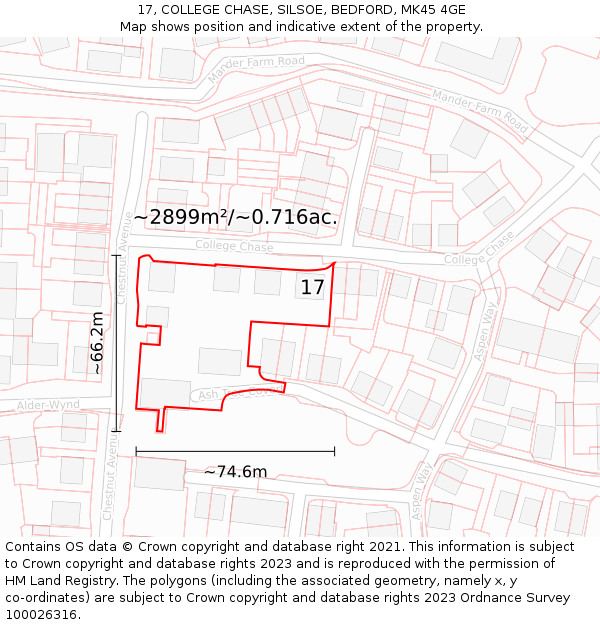 17, COLLEGE CHASE, SILSOE, BEDFORD, MK45 4GE: Plot and title map