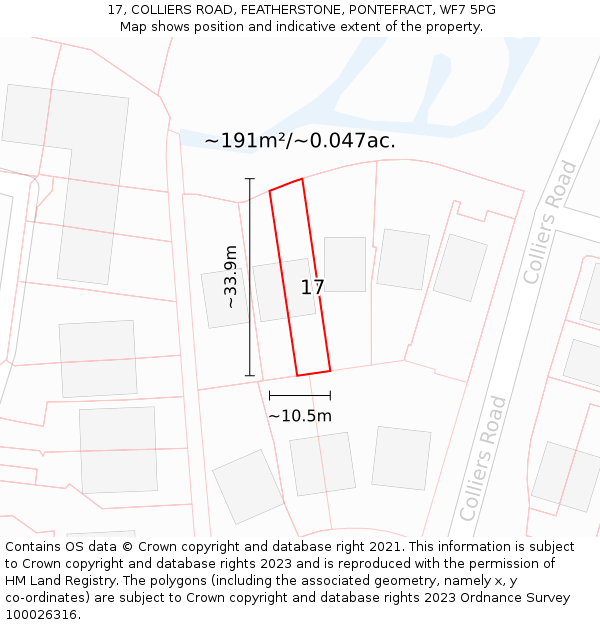 17, COLLIERS ROAD, FEATHERSTONE, PONTEFRACT, WF7 5PG: Plot and title map