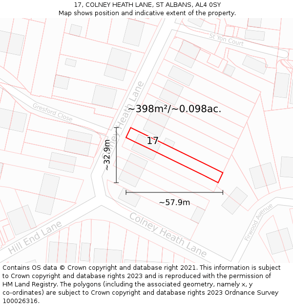 17, COLNEY HEATH LANE, ST ALBANS, AL4 0SY: Plot and title map