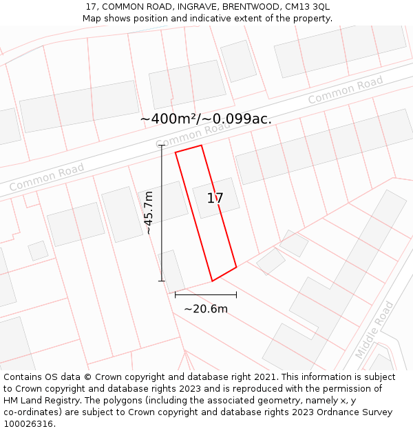17, COMMON ROAD, INGRAVE, BRENTWOOD, CM13 3QL: Plot and title map