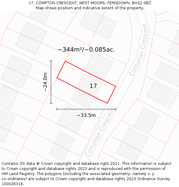 17, COMPTON CRESCENT, WEST MOORS, FERNDOWN, BH22 0BZ: Plot and title map