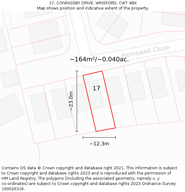 17, CONINGSBY DRIVE, WINSFORD, CW7 4BX: Plot and title map