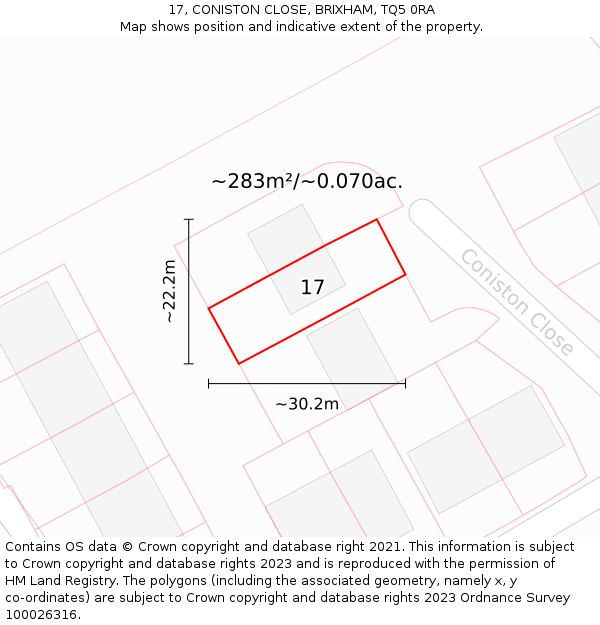 17, CONISTON CLOSE, BRIXHAM, TQ5 0RA: Plot and title map