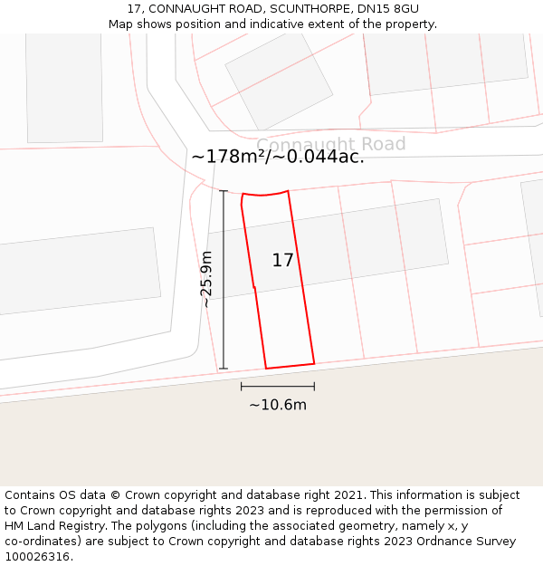 17, CONNAUGHT ROAD, SCUNTHORPE, DN15 8GU: Plot and title map