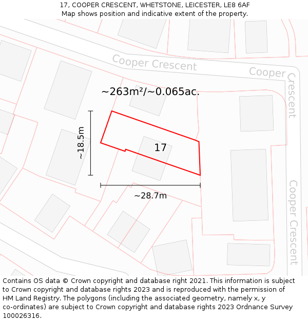 17, COOPER CRESCENT, WHETSTONE, LEICESTER, LE8 6AF: Plot and title map