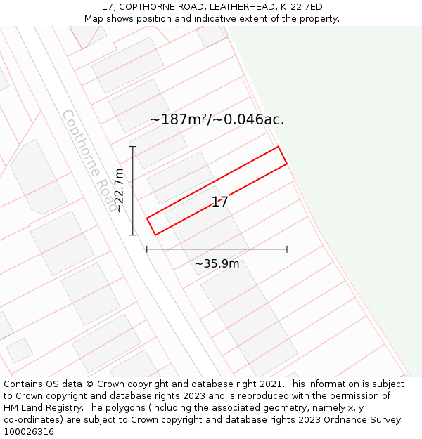 17, COPTHORNE ROAD, LEATHERHEAD, KT22 7ED: Plot and title map
