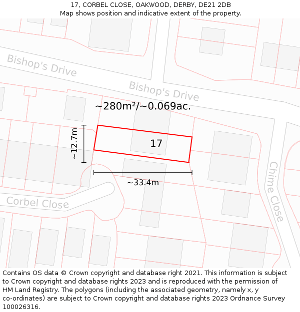 17, CORBEL CLOSE, OAKWOOD, DERBY, DE21 2DB: Plot and title map