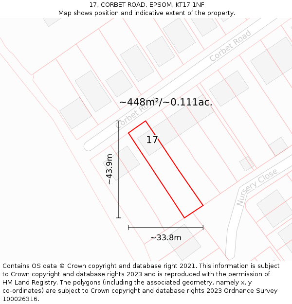 17, CORBET ROAD, EPSOM, KT17 1NF: Plot and title map