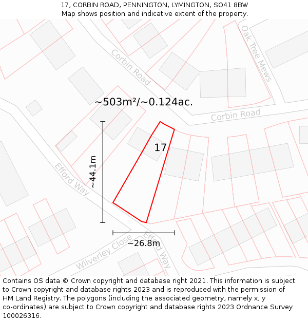 17, CORBIN ROAD, PENNINGTON, LYMINGTON, SO41 8BW: Plot and title map