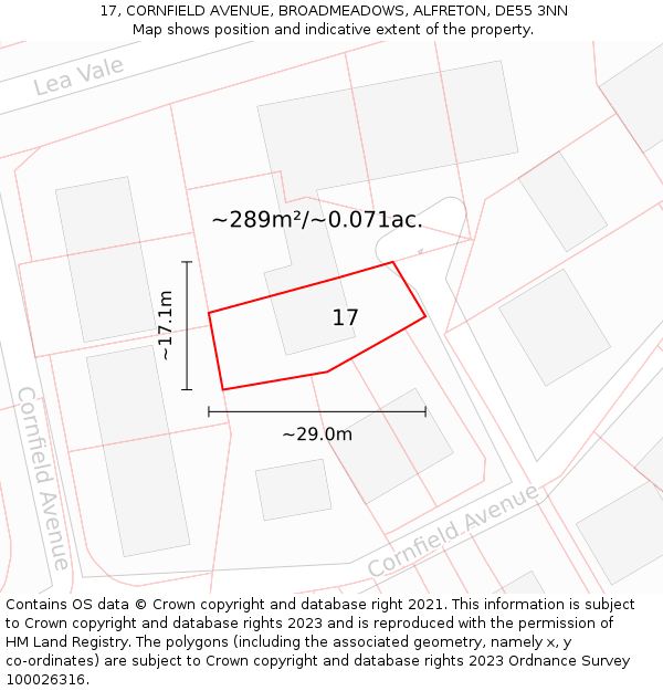 17, CORNFIELD AVENUE, BROADMEADOWS, ALFRETON, DE55 3NN: Plot and title map