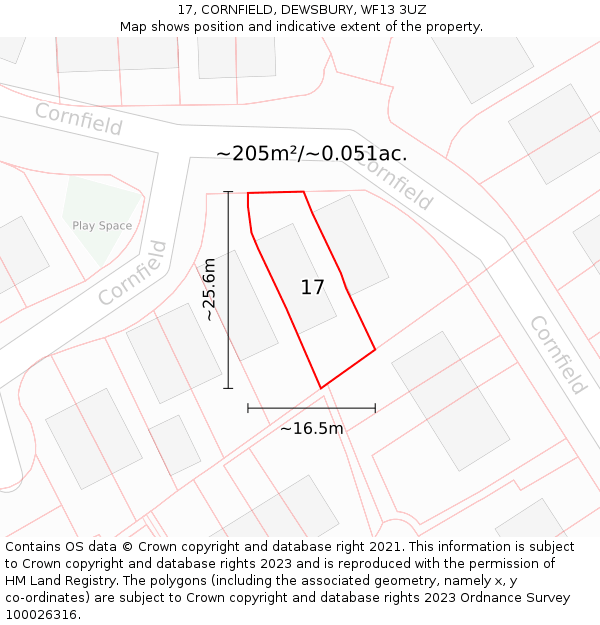 17, CORNFIELD, DEWSBURY, WF13 3UZ: Plot and title map