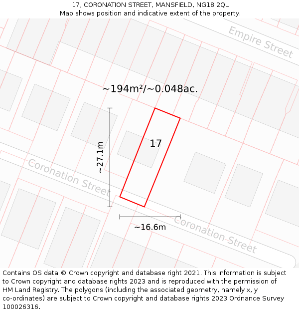 17, CORONATION STREET, MANSFIELD, NG18 2QL: Plot and title map