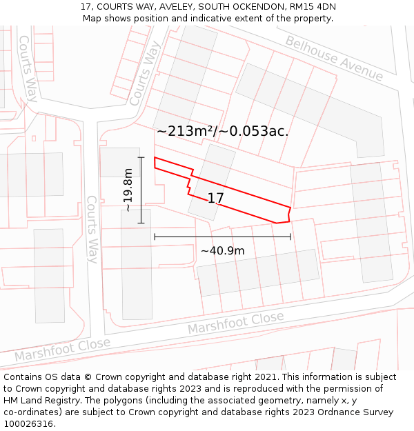 17, COURTS WAY, AVELEY, SOUTH OCKENDON, RM15 4DN: Plot and title map